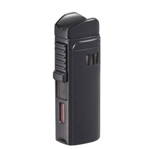 Visol Denali Quad Flame Butane Lighter Black featuring cigar rest on lid and built-in punch cutter