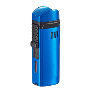 Visol Denali Quad Flame Butane Lighter Blue featuring cigar rest on lid and built-in punch cutter
