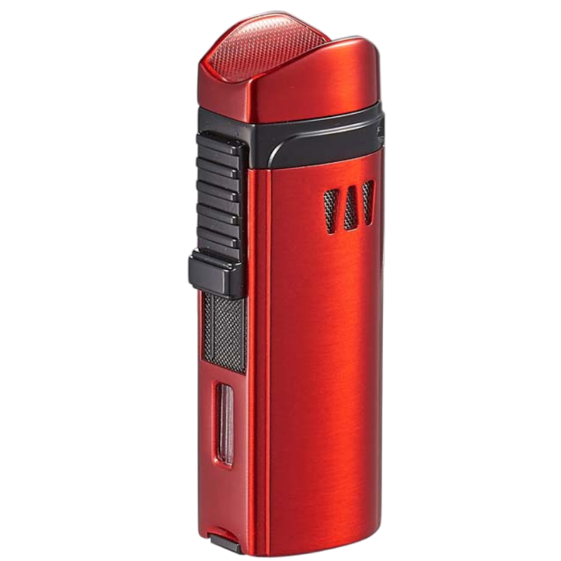 Visol Denali Quad Flame Butane Lighter Red featuring cigar rest on lid and built-in punch cutter