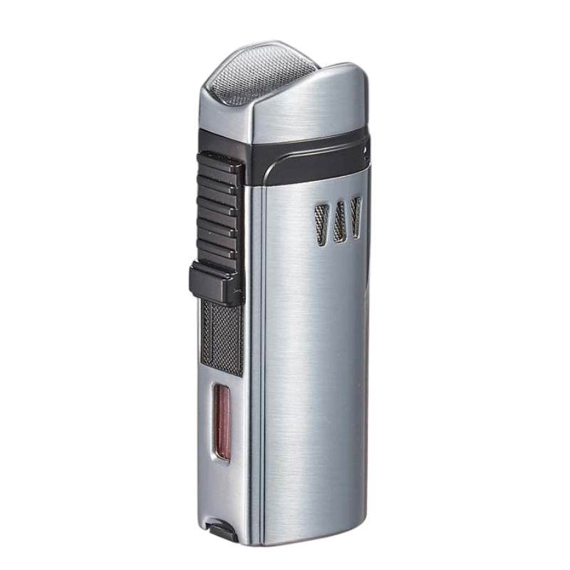 Visol Denali Quad Flame Butane Lighter Silver featuring cigar rest on lid and built-in punch cutter