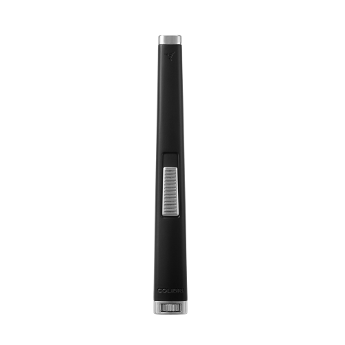 Colibri Aura Butane tall Lighter with flat flame. In matte black with chrome trim.