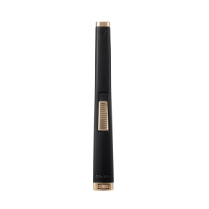 Colibri Aura Butane tall Lighter with flat flame. In matte black with rose gold trim.
