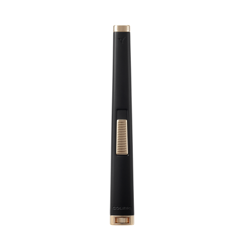Colibri Aura Butane tall Lighter with flat flame. In matte black with rose gold trim.