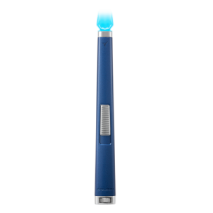 Colibri Aura Butane tall Lighter with flat flame. In matte blue with chrome trim.