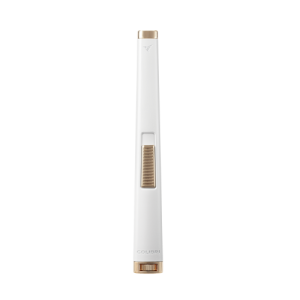 Colibri Aura Butane tall Lighter with flat flame. In matte white with rose gold trim.