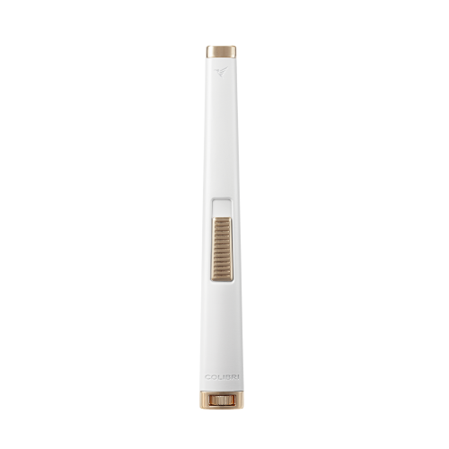 Colibri Aura Butane tall Lighter with flat flame. In matte white with rose gold trim.