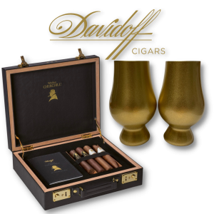 Davidoff. Gifts w/ purchase. Glencairn whiskey glasses. Winston Churchill travel humidor.